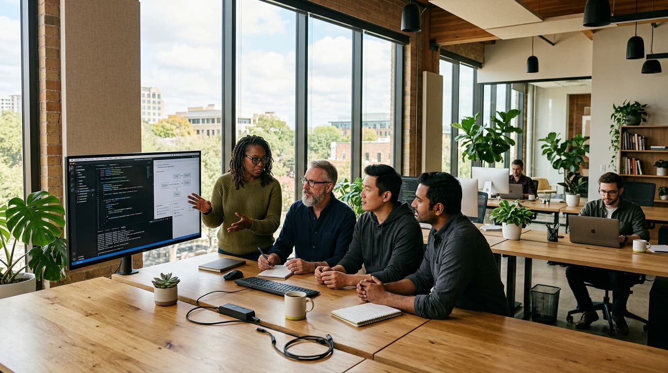 DevKross senior team collaborating in office studio